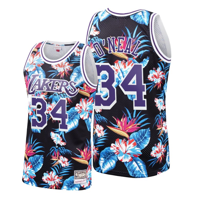 Men's Los Angeles Lakers Shaquille O'Neal #34 NBA Hardwood Classics Floral Fashion Black Basketball Jersey EMO4083TK